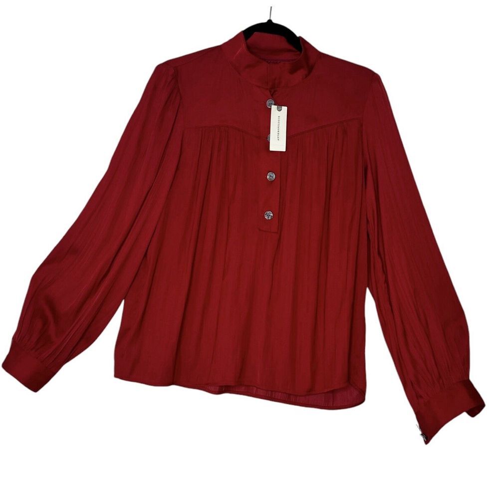 Anthropologie  Blouse Women's Small Red Buttondown Classic Corpcore‎ Relaxed Top